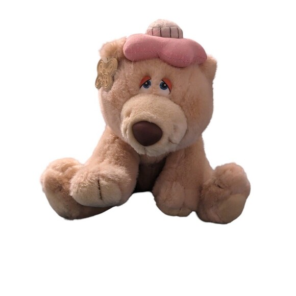 Vintage Russ Get Well Bear Plush Stuffed Toy w Pink Hat Sad Eyes Sitting EUC - Picture 2 of 11